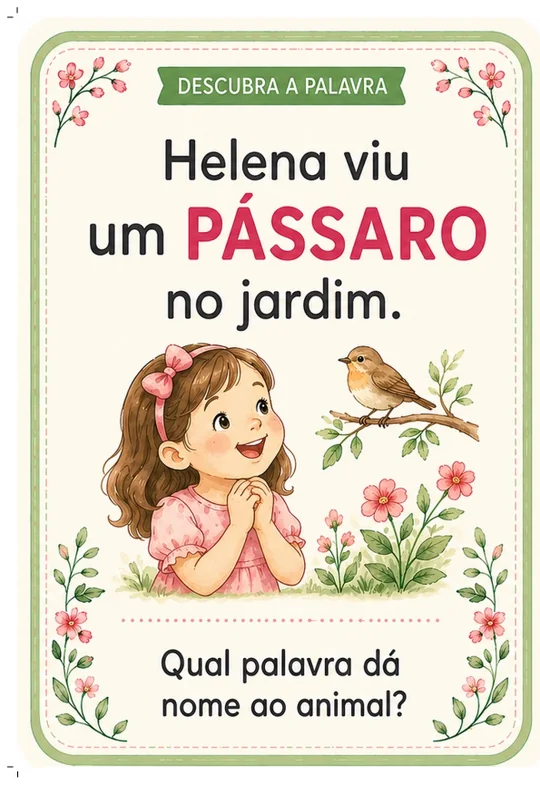 Cartão: Helena viu um pássaro no jardim